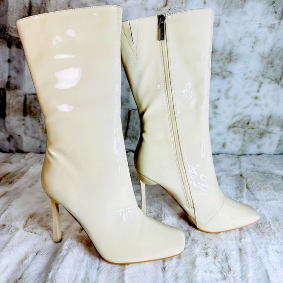 Cape Robbin Off White Mid Calf Square Toe Boots 4" Heels - Picture 2 of 8